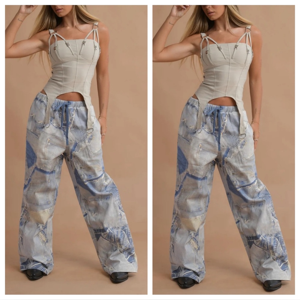 ShopEvelynne Beige and Blue Wide Leg Pants